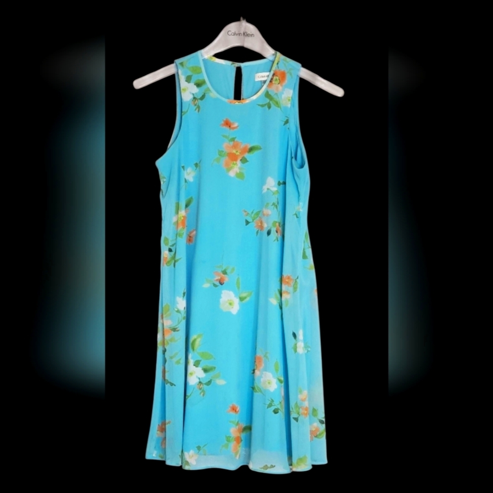 Calvin Klein Blue Floral Sleeveless Sundress with Crew Neck,Women's Dress Size:8 - Picture 5 of 9